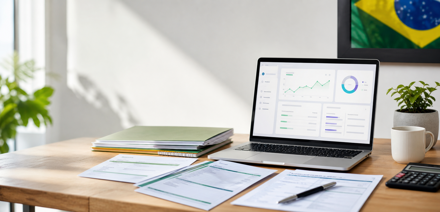 Mesa de trabalho com notebook, documentos fiscais organizados e interface digital de análise.